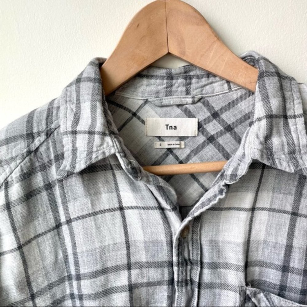 Aritzia TNA Plaid Cotton Fleece Flannel Button Up Grey - Picture 2 of 5